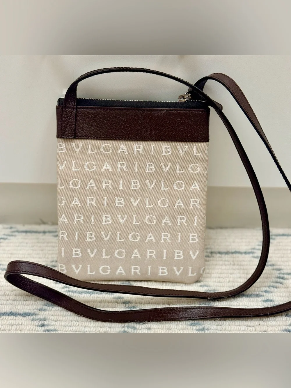 BVLGARI Unisex Rare Logomania Beige Leather Canvas Flat Pouch Crossbody Bag